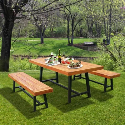 The Range Garden 3 Pieces Acacia Wood Picnic Table and 2 Benches Set  - Natural wood colour