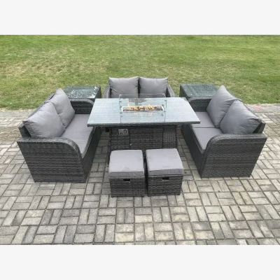 The Range Fimous 8 Seater Outdoor Rattan Dining Set with Gas Fire Pit, Dark Grey Mixed. - Dark Grey
