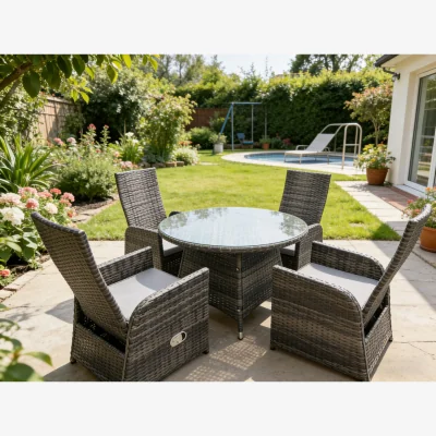 The Range Outdoor Wicker Rattan Reclining Chair Table Dining Set 4 Seater Round Table