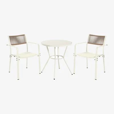 The Range 3 Piece Round Garden Bistro Set, Pair of Rope Back Armchairs, Plastic Table - White