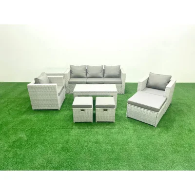 The Range Fimous Rattan Garden Furniture Set, 8-Seater with Tempered Glass Oblong Table, Light Grey. - Light grey mixed rattan with dark grey fabric
