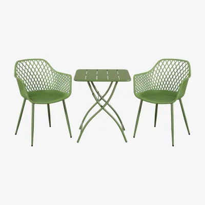 The Range 3 Piece Square Garden Bistro Set, Pair Lattice Armchairs, Metal Folding Table - Moss Green