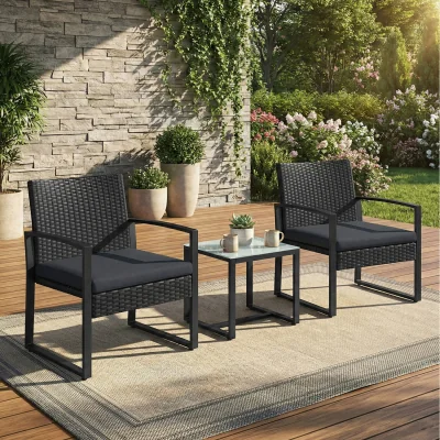 The Range 3-Piece Patio Conversation Set, Rattan Bistro Furniture, for Balcony or Porch - Black