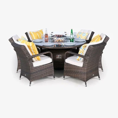 The Range Arizona Fire Pit 6 Seater Round Rattan Dining Set - Brown