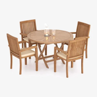 The Range Munich Teak Garden Dining Table and 4 Seat Chair Set - Teak / Green