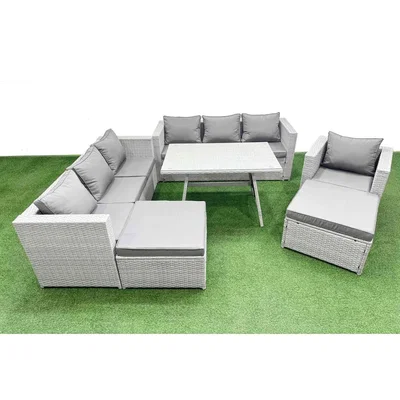 The Range Fimous 9-Seater Outdoor PE Rattan Dining Set with Rectangular Table - Light grey mixed rattan with dark grey fabric