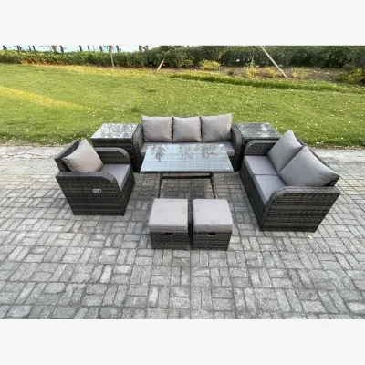 The Range Fimous 8-Piece PE Rattan Outdoor Lounge & Dining Set, Dark Grey Mixed. - Dark grey mixed rattan with dark grey fabric
