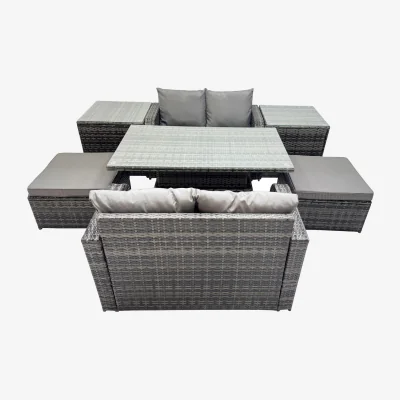 The Range Fimous 6-Seater Dark Grey Mixed Rattan Garden Dining Set with Adjustable Rising Table. - Dark Grey Mixed rattan with dark grey fabric