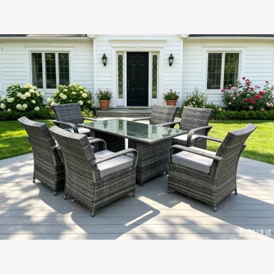 The Range Rattan Garden Dining Set Outdoor 6 Chairs + Black Tempered Glass Rectangular Table