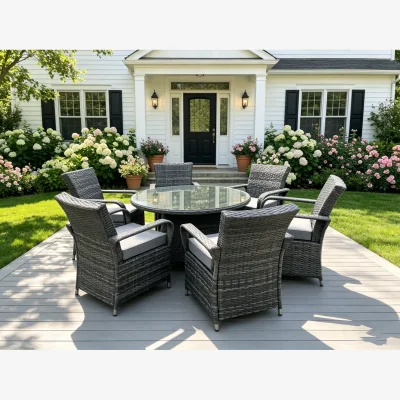 The Range Rattan Garden Dining Set Wicker Patio Outdoor 6 Chairs + Big Round Table