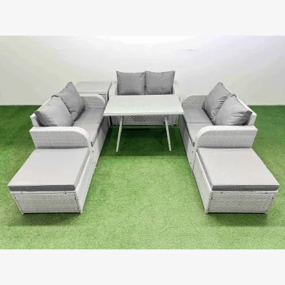 The Range Fimous Rattan 8-Seater Garden Dining Set with Tempered Glass Table and Love Sofa. - Light Grey