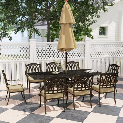 The Range Outsunny 9 Pieces Garden Dining Set with Parasol Hole and Cushions - Bronze Tone
