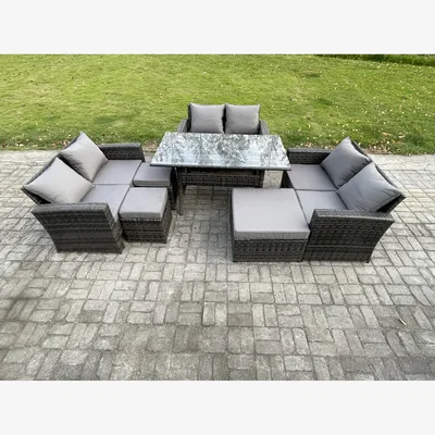 The Range Fimous PE Rattan 9-Seat Outdoor Garden Furniture Set with Tempered Glass Table, Dark Grey. - Dark grey mixed rattan with dark grey fabric