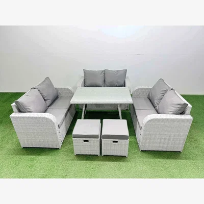 The Range Fimous Rattan 8-Seater Garden Dining Set with Love Sofa and 2 Stools - Light grey rattan + dark grey fabric