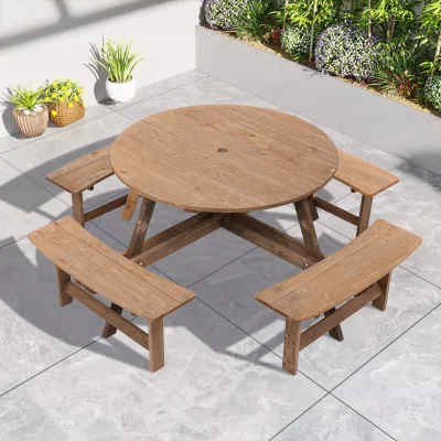 The Range Round Wood Picnic Table and Built-in Garden Bench Set  - Brown / 8 Person