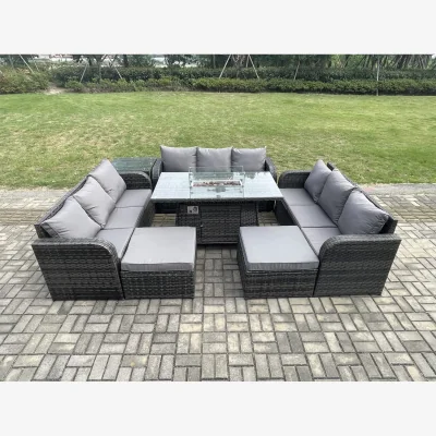 The Range Fimous Outdoor Rattan Dining Set with Gas Fire Pit, 3×3-Seater Sofas, Side Table & 2 Footstools. - Dark Grey