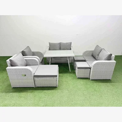 The Range Fimous 9 Seater Rattan Garden Furniture Set with Rectangular Dining Table Light Grey - Light Grey