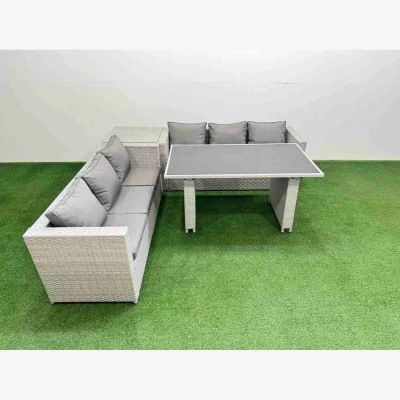 The Range Fimous 6-Seater Rattan Garden Dining Set with Rectangular Table and Side Table, Light Grey. - Light Grey Mixed