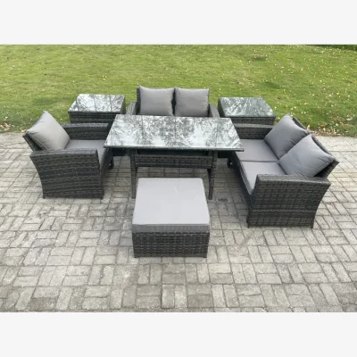The Range Fimous 6-Seater Wicker Rattan Garden Dining Set with Rectangular Tempered Glass Table. - Dark grey mixed rattan with dark grey fabric