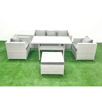 The Range Fimous 6-Seater Rattan Garden Dining Set with Sofa & Footstool - Light Grey Mixed