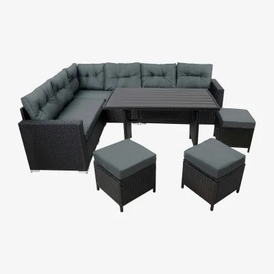The Range Rattan Corner Dining Set Outdoor Garden Furniture Black 9 Seater with Composite Table - Black