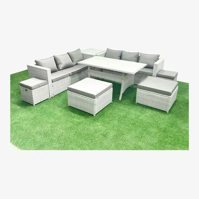 The Range Fimous 10-Seater Rattan Garden Furniture Set with Tempered Glass Dining Table, Light Grey Mixed. - Light Grey Mixed
