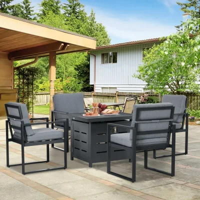 The Range Mira 4-Seater Grey Aluminium Garden Dining Set with Gas Fire Pit Table