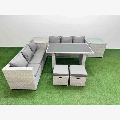 The Range Fimous 8-Seater Rattan Garden Dining Set with Rectangular Tempered Glass Table, Light Grey. - Light Grey Mixed