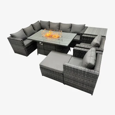 The Range Fimous Rattan 9-Seater Garden Dining Set with Gas Firepit Table and Corner Sofa, Dark Grey Mixed. - Dark Grey Mixed