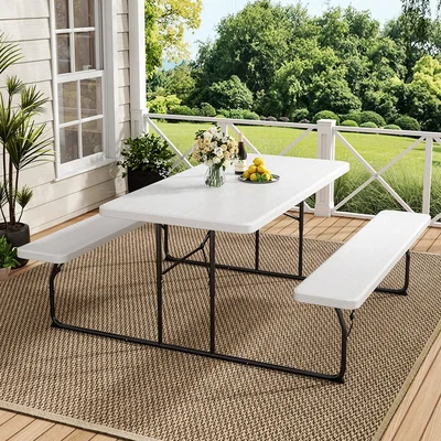 The Range Foldable Garden Table and Bench Set - White / 180cm