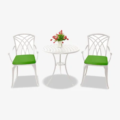 The Range OSHOWA Garden Table and 2 Chairs with Green Cushions Bistro Set - White