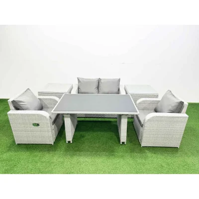The Range Fimous Outdoor PE Rattan 4-Seater Garden Dining Set with Recliners and Side Tables. - Light grey rattan + dark grey fabric