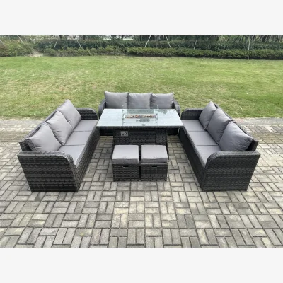 The Range Fimous Rattan Garden Dining Set with Gas Fire Pit Table and 3-Seater Sofas Dark Grey Mixed - Dark Grey