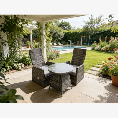 The Range Outdoor Wicker Rattan Reclining Chair Table Dining Set 2 Seater Bistro Round Table