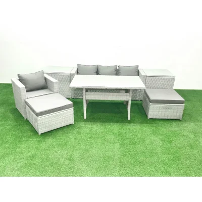 The Range Fimous 6-Seater Rattan Outdoor Dining Set with Cushions & Tempered Glass - Light Grey Mixed