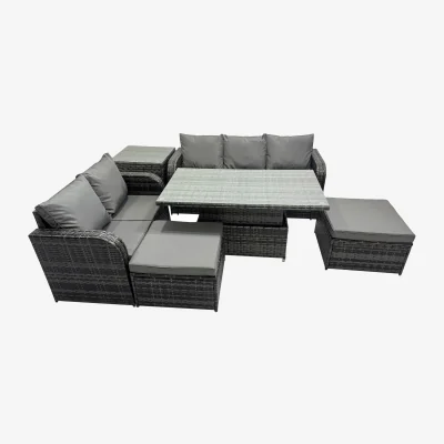 The Range Fimous 7-Seater Rattan Garden Dining Set with Adjustable Rising Table and Side Table. - Dark Grey Mixed