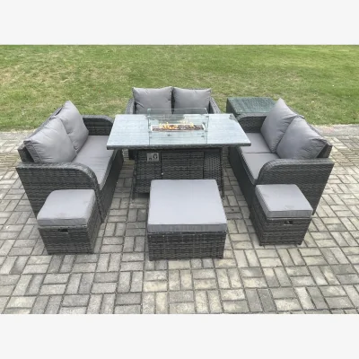 The Range Fimous 9 Seater Outdoor Rattan Garden Dining Set with Gas Fire Pit Table. - Dark Grey