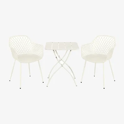 The Range 3 Piece Square Garden Bistro Set, Pair Lattice Armchairs, Metal Folding Table - White