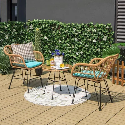 The Range 3 Pieces Patio Bistro Set Outdoor PE Rattan with Tempered Glass Table - Blue