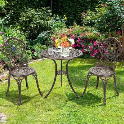 The Range Metal Garden Bistro Set for Patio with Leaf Design - Brass