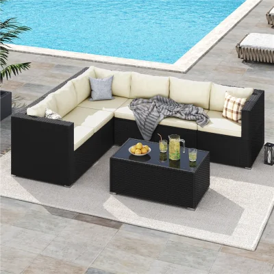 The Range Yaheetech 6-Seater PE Rattan Outdoor Furniture Set - Black/Beige
