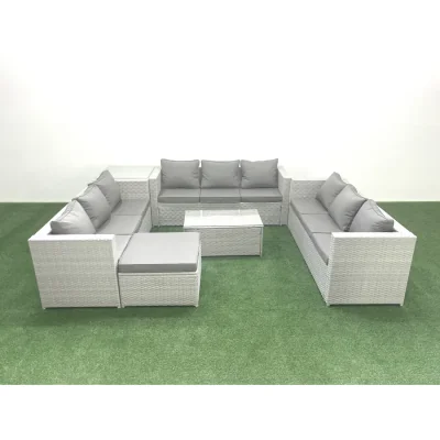 The Range Fimous 10-Seater Rattan Garden Furniture Set with Tempered Glass Table Light Grey Mixed - Light grey rattan with dark grey fabric