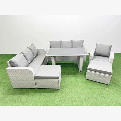 The Range Fimous 9-Seater Rattan Garden Dining Set with Reclining Chairs and Tempered Glass Table, Light Grey. - Light Grey