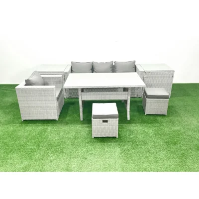 The Range Fimous Rattan Garden Furniture 6-Seater Lounge and Dining Set with Stools and Side Tables. - Light Grey Mixed