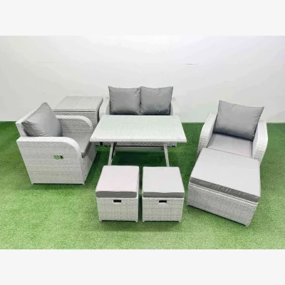 The Range Fimous Light Grey PE Wicker Rattan 7-Seat Garden Furniture Set - Light grey rattan + dark grey fabric
