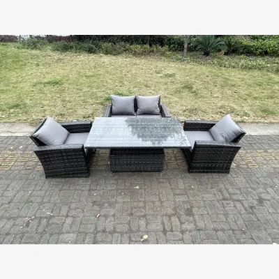 The Range Rattan Outdoor Furniture Adjustable Rising Lifting Dining Table Chairs - Dark Grey Mixed