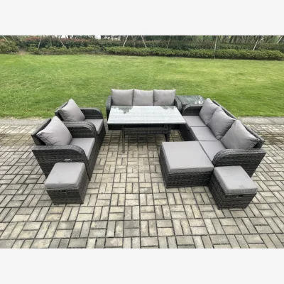 The Range Fimous PE rattan outdoor patio furniture set with dining table and adjustable reclining chairs. - Dark Grey Mixed