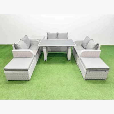 The Range Fimous 8-Seater Light Grey PE Rattan Patio Set with Black Tempered Glass Table. - Light grey rattan + dark grey fabric