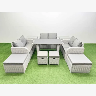 The Range Fimous 10 Seater Patio Garden Furniture Set with Black Tempered Glass Dining Table Light Grey - Light grey rattan + dark grey fabric