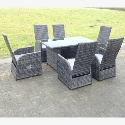 The Range Outdoor Rattan Reclining Chair Table Dining Set 6 Seater Rectangular Black Tempered Table